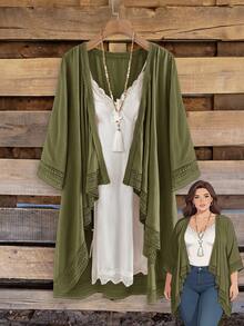 Rusticease Cárdigan de talla grande para mujer con parches de encaje de unicolor minimalista y apertura delantera - Verde militar - Ver 1