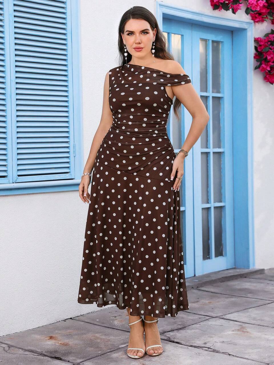 Plus Size Women's Summer Casual Vacation Polka Dot Print Asymmetrical Shoulder Maxi Dress, Festival Outfits For Women, Flowy Dress, Boho Dress