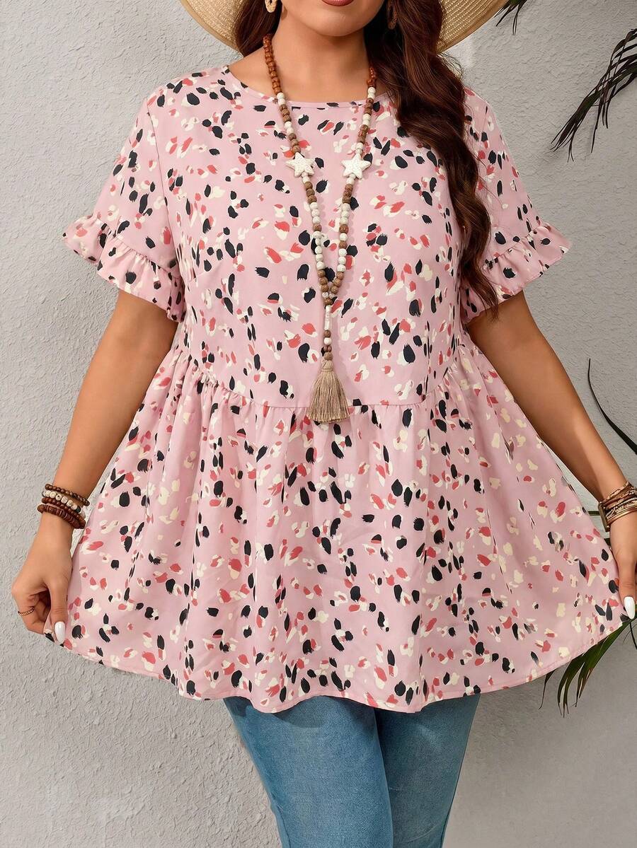 EMERY ROSE Plus Size Casual Resort Style Ruffled Sleeve Allover Print Shirt,Summer Outfits For Women/Summer,Tropical Vacation Woman Clothes - Coral Pink - View 1