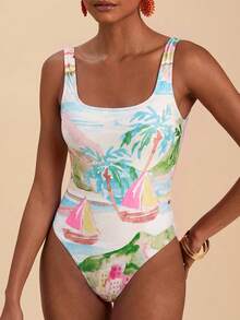 Travachic 1pc Women Abstract Line Star Allover Print Square Neck One-Piece Swimsuit,White,Summer,Tropical,Holiday,Party,Vacation,Holiday Bathing Suits For Woman - Multicolor - View 5