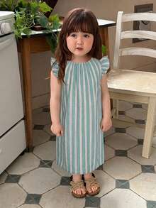 DAZY Vestido de niña bebé con bloques de color, rayas y ribete de volantes, cuello redondo, para verano, para niños pequeños - Verde - Ver 4
