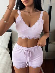 DAZY 2pcs Lace Patchwork Cropped Camisole And Shorts Pajama Set For Women, Summer - Purple - View 6