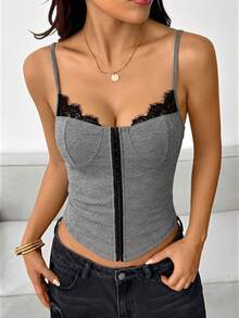 SHEIN PETITE 女款夏季對比色蕾絲前扣式背心，適合嬌小女性 - 灰色 - 查看 1