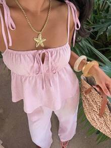 SHEIN EZwear 浅粉色梭织女士休闲吊带背心和裤子套装 - 淺粉色 - 查看 3