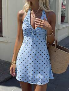 SHEIN PETITE Women's Spring/Summer New Goose Yellow Polka Dot Halter Neck Tie-Up Bust Design Drawstring Cinched Waist Cinched A-Line Elegant Romantic Princess Style Cute Sexy Fashion Dress Mini Dress ,Petite Women - Blue - View 5