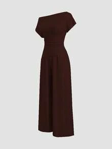 Sweetra Women's New Fashion Versatile Solid Color Asymmetric Shoulder Fitted Top + Long Pants 2 Pieces Set - Mocha Brown - View 3