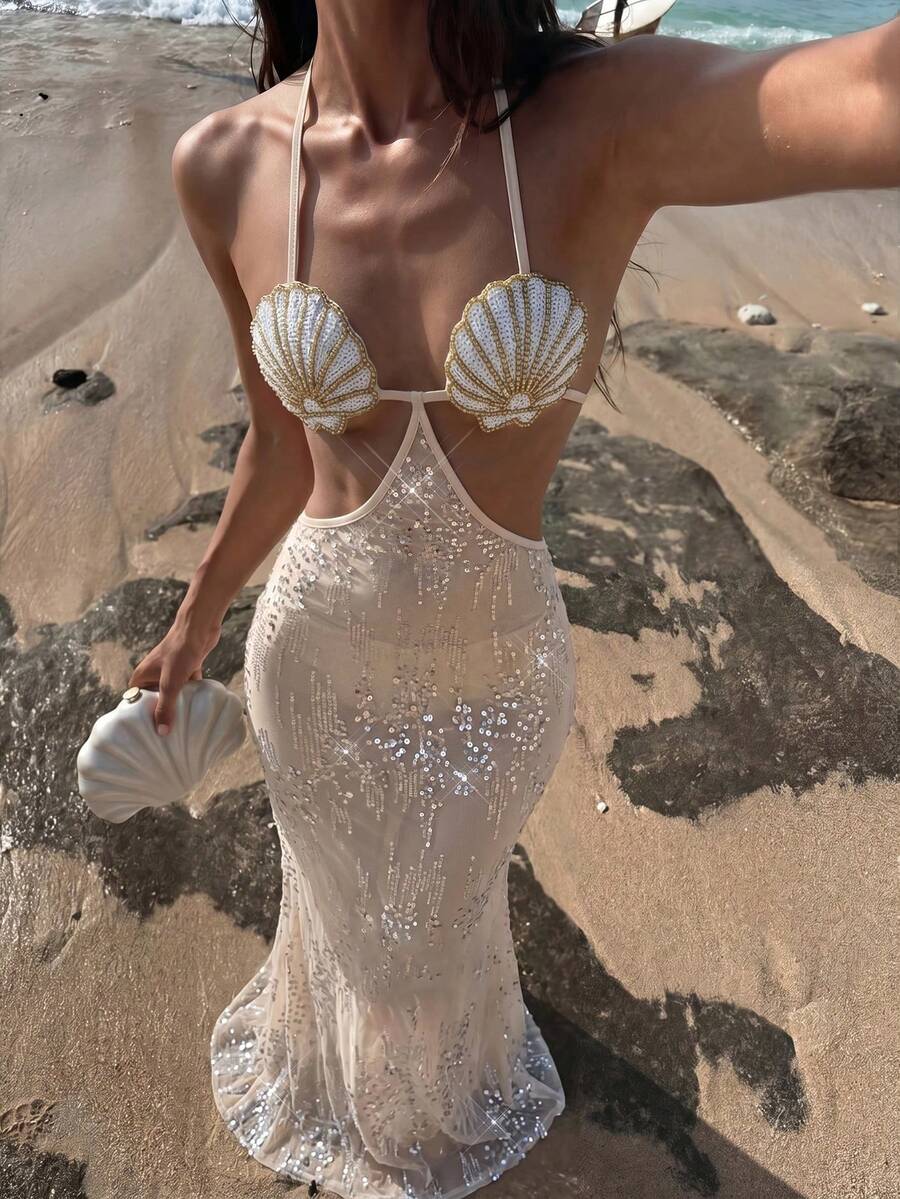 Swim SXY Đầm che phủ hở lưng cổ yếm đính sequin dành cho nữ đi nghỉ mát ở bãi biển. - Nhiều màu - Xem 1