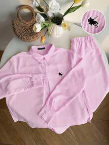 SHEIN EZwear Plus Size Pink Long Sleeve Button Front Casual Striped Shirt Fall - Pink - View 5