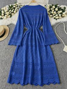 DreamSkyne Cardigan Rajut Jaring Bertali Serut dan Pita untuk Wanita Ukuran Besar, Warna Polos, Gaya Pantai, Resor, Romantis, Pakaian Barat - Royal Blue - View 2