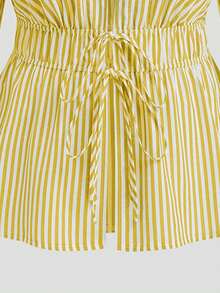 Sweetra Blusa casual de talla grande para mujer con mangas farol, cintura ceñida y lazo delantero a rayas - Amarillo - Ver 4
