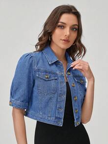 EMERY ROSE Plus Size Solid Color Front Button Casual Short Sleeve Denim Jacket, Summer - Blue - View 4