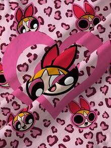 THE POWERPUFF GIRLS X SHEIN 年轻女孩休闲时尚街头风卡通爱心豹纹印花短袖T恤，夏季 - 白色 - 查看 5