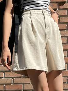 DAZY High Waist Plicated Detail Wide Leg Denim Shorts Jorts - Beige - View 9