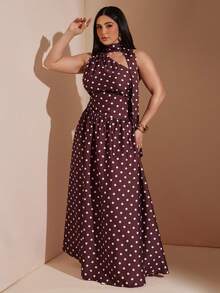 SHEIN BAE CURVE Plus Size Women's Burgundy Scarf Hem Maxi Dress Chic 70's Casual Polka Dot Midi Dress Tie Neck Sleeveless A Line High Waist Elegant Summer Party - Multicolor - View 5
