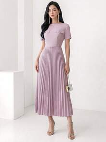 Heiryn Vestido Plissado Elegante de Cor Sólida de Comprimento Médio, Verão - Rosa Bebê - Visão 7