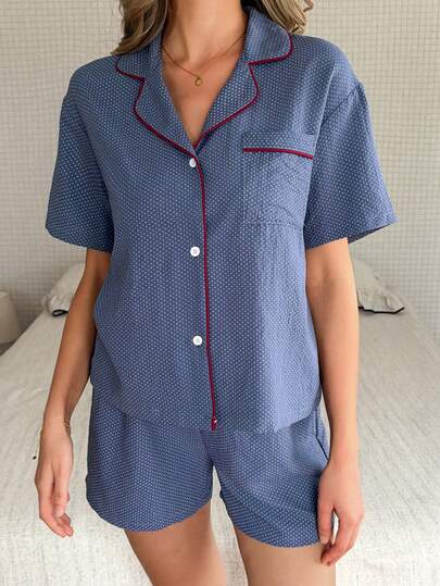 DAZY Women's Contrast Trim Short Sleeve Top And Shorts Pajama Set