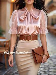 EMERY ROSE Camicetta da donna con colletto a fiocco, maniche a palloncino in raso, con volant, elegante camicia da pendolare con buon lucentezza del raso, colore rosa, versatile per top estivi, uscite quotidiane, adatta per crociere, festival, vacanze al mare, festival musicali, stile bohémien, ritorno a scuola, Pasqua, matrimoni, festa della mamma, tutte le stagioni, abbigliamento da spiaggia alla moda per beach club, Havana Nights, cena in spiaggia - Rosa - Visualizzare 4
