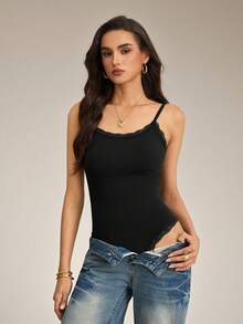 SHEIN Tall Áo liền thân hai dây viền ren dành cho nữ - màu đen - Xem 2