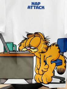 GARFIELD | SHEIN Daypath 男士休閒度假通勤時尚趣味卡通字母印花寬鬆版型T恤，夏季，假期 - 白色 - 查看 4