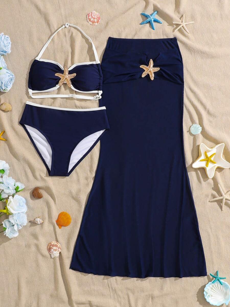 SHEIN 少女白色碎花褶皱腰身三件套泳衣带裙,休闲沙滩度假泳装三件套,春夏款 - 玫紅色 - 查看 1
