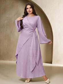 Veilorie Plus Size Solid Color Round Neck Flare Sleeve Elegant Long Dress For Summer Fall - Mauve Purple - View 6