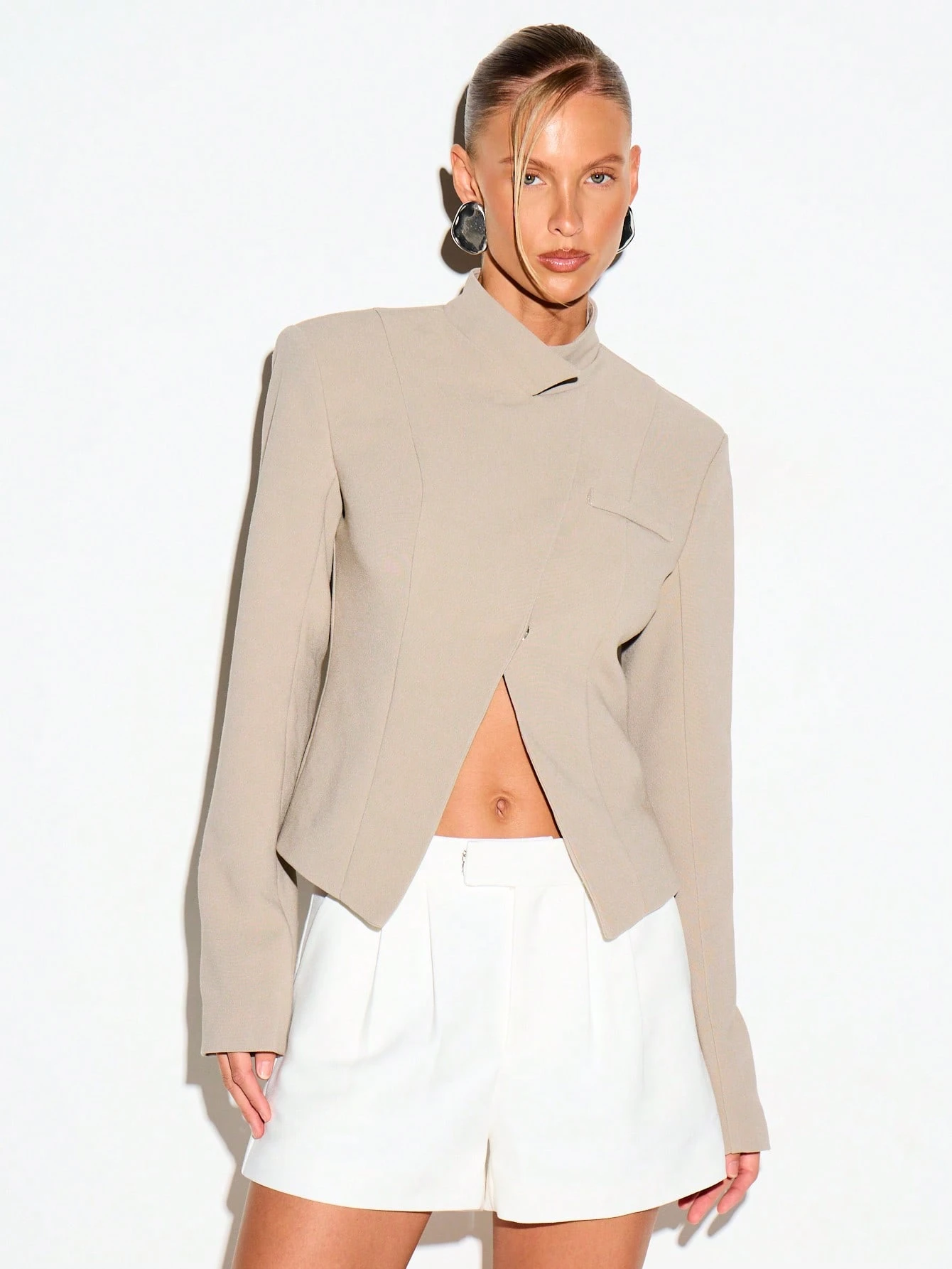 Wrap Over Blazer With Split Front And Stand Collar