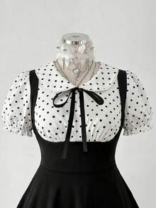 Sweetra CURVE Vestido de mujer talla grande de estilo retro francés en blanco y negro a lunares, vestido elegante de manga abullonada con cuello de muñeca en forma de A, vestido casual de manga corta para primavera/verano, vestido de fiesta, vestido de playa, adecuado para primavera/verano, ir al trabajo, citas, fiestas, vuelta al colegio, oficina, otoño, salidas, uso diario - Multicolor - Ver 3