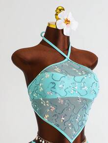 Costavie Bộ 3 món đồ bơi nữ gợi cảm đi biển xuân hè, áo crop top hai dây vải sequin vân nổi, áo bra và quần bikini buộc dây bên hông - Màu xanh bạc hà - Xem 5