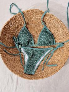 Swim Mod 2026 Spring/Summer Green Textured Fabric Halter Neck Beaded Bikini Set With High Cut Side Tie Bottoms For Women - Green - View 3