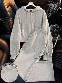 SHEIN Plus Size Rhinestone Ombre Casual 2 Pieces Set For Women - Grey - View 3