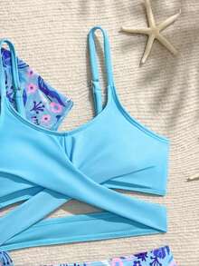 SHEIN Set Bikini Motif Bunga untuk Liburan Musim Panas di Pantai untuk Anak Perempuan Remaja, 3 Potong (Motif Campuran) - Biru - View 5