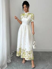 Elenzga Damen elegantes Kleid mit Blume Muster, Taillengürtel und Puffärmeln, Sommer - Lindgrün - Übersicht 4