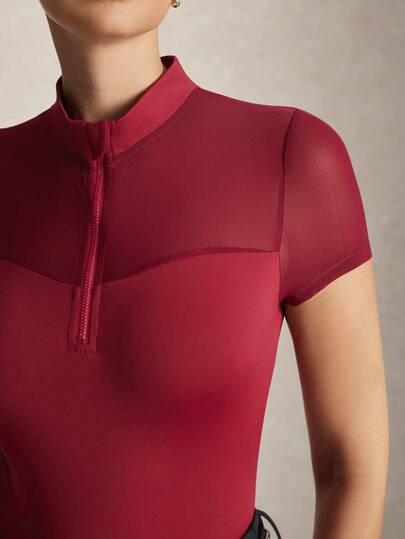 Activina Women's Stand Collar Short Sleeve Half-Zip Equestrian Jacket, Burgundy