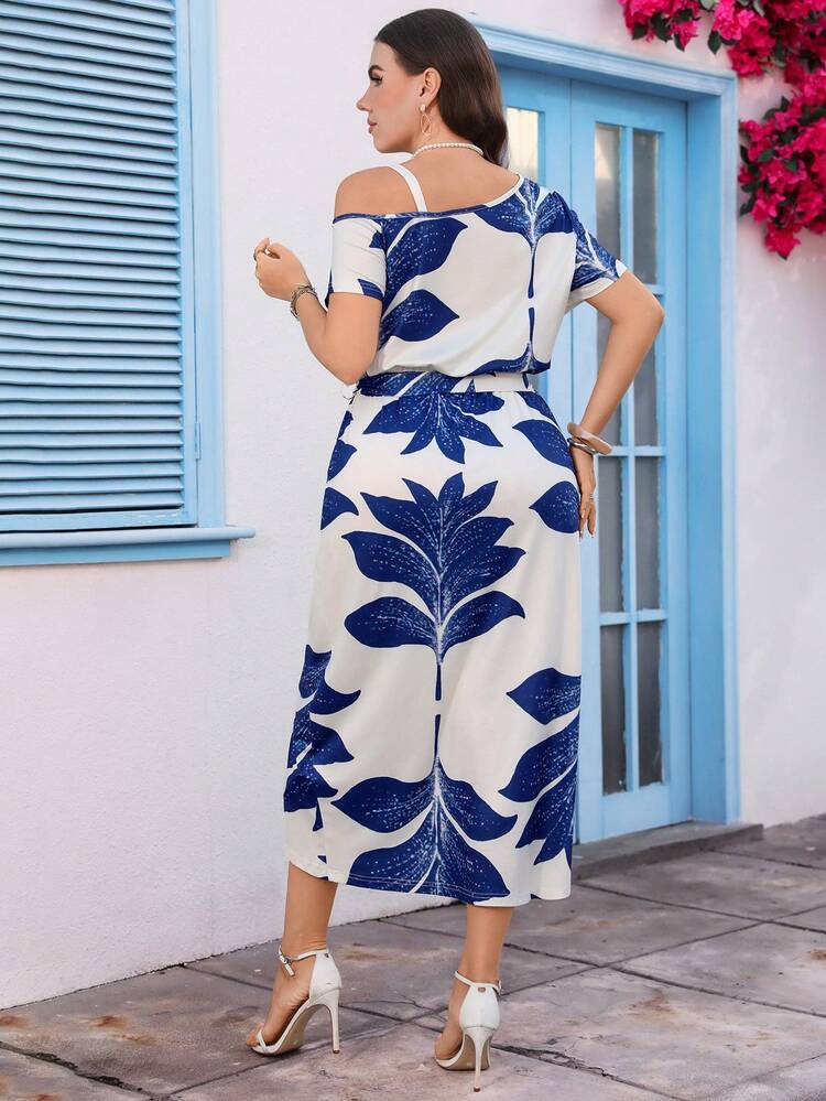 Plus Size Women's Summer Beach Vacation Floral Print Chain Irregular Cold Shoulder Tie Waist Wrap Hem Dress