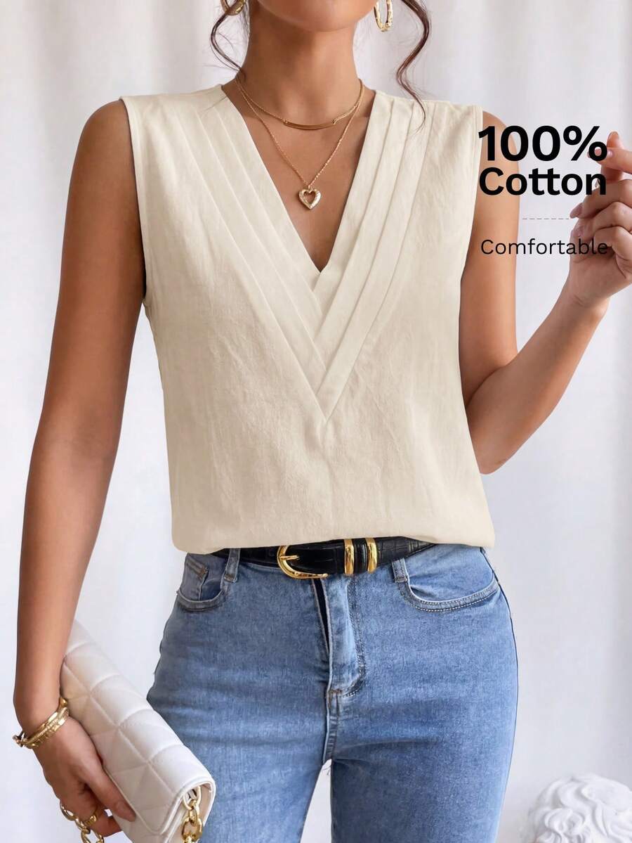 EMERY ROSE Women's Solid Color V-Neck Sleeveless Comfortable Casual Minimalist Shirt, Summer,Summer Top - Apricot - View 1