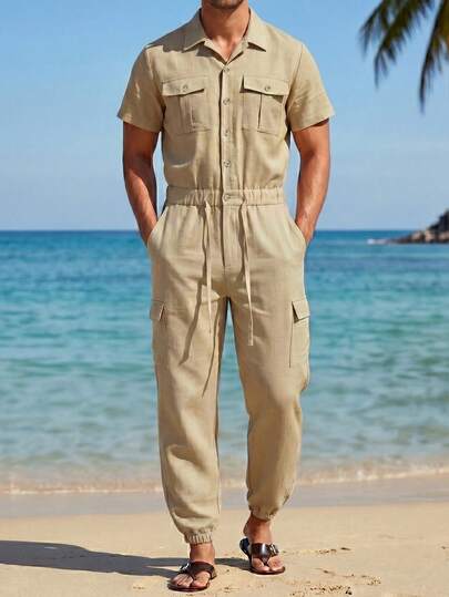 Manfinity RSRT Men's Casual Jumpsuit Made Of Lightweight And Breathable Linen, Loose Fit With Drawstring Waist, Suitable For All-Season Beach And Outdoor Sportswear, Beachwear, Minimal Style, Soft Fabric