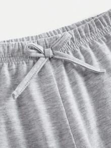 SHEIN Bộ đồ thường ngày dễ thương cho bé gái: áo tay ngắn ôm sát cổ tròn in nơ và quần ống loe in hình bướm. - Xám - Xem 4