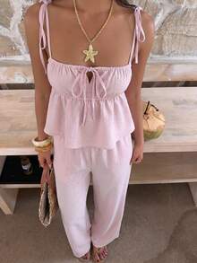 SHEIN EZwear 浅粉色梭织女士休闲吊带背心和裤子套装 - 淺粉色 - 查看 4