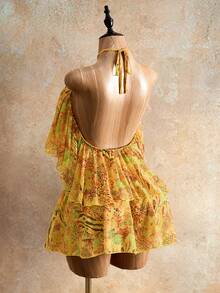 Mistrie 2026 Summer Bohemian Tropical Leopard Floral Print Halter Neck Off Shoulder Ruffle Hem Short Flowy Chiffon Mini Dress Women Beach Vacation Holiday - Multicolor - View 2