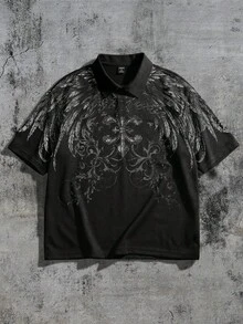 ROMWE MEN 男士印花 Polo 衫，寬鬆版型 - 黑色 - 查看 5