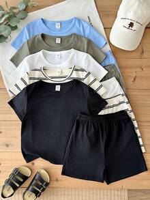 LMoss Kids Set de 10 piezas de sudadera holgada de rayas y pantalones cortos casuales para niño - Multicolor - Ver 6