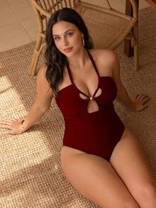 Swim Chiccia 2026夏季新款时尚性感露背棕色纯色连体泳衣沙滩装（大码女装） - 酒紅色 - 查看 1