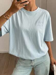 DAZY Letter Embroidery Drop Shoulder Tee Summer Preppy Tops - Baby Blue - View 8