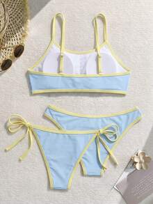 Swim Mod 2025女款新款3件組細肩帶無鋼圈純色比基尼泳衣，含兩件泳褲下身 - 藍色 - 查看 3