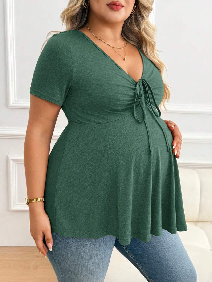 Plussiva 孕妇加大码纯色V领短袖系带休闲透气上衣 - 綠色 - 查看 1