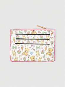 ROMWE Kawaii Ví đựng thẻ in hình gấu kem dễ thương, ví da PU siêu mỏng có khóa kéo và kẹp thẻ, ví đựng tiền lẻ in hình hoạt hình. - trắng - Xem 2
