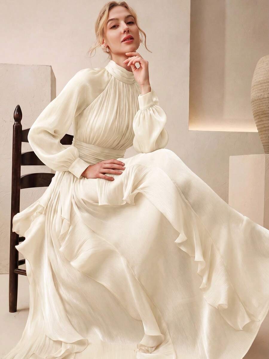 Anewsta 女士新款优雅长袖吊带连衣裙,腰部褶裥设计,闪亮波浪裙摆,飘逸裙身,适合宴会、派对、聚会等夏季场合。 - 米色 - 查看 1