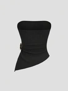 Sweetra Women's Solid Color Metal Decor Ruched Casual Versatile Date Night Tube Top - Black - View 2