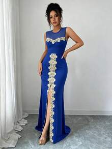 Elenzga Women's Contrast Embroidery Round Neck Mesh Patchwork High Slit Sleeveless Dress - Blue - View 7