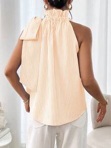 SHEIN Clasi Blus Tanpa Lengan Wanita Motif Garis-Garis dengan Kerah Berkerut dan Pita, Musim Semi/Panas - Jeruk - View 2
